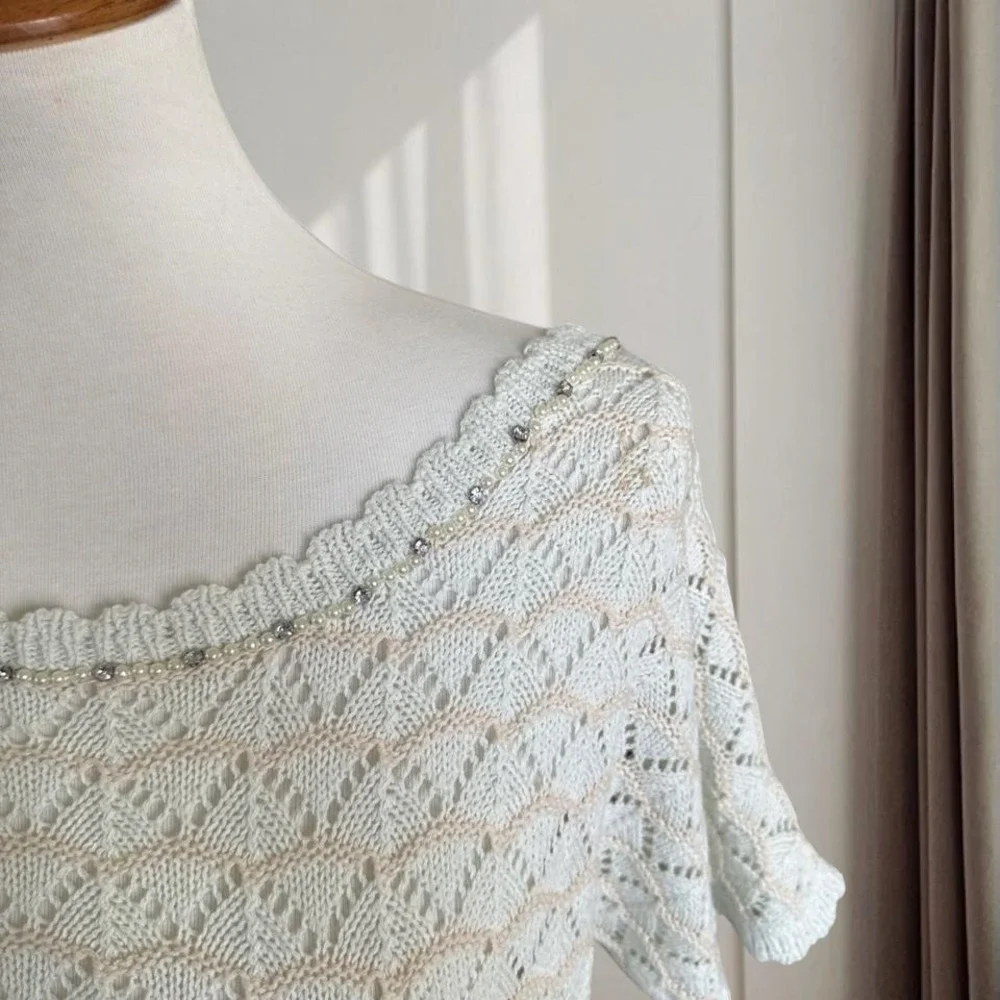May Pretty Women Mint Cream Pointelle Knit Pearl‎ Rhinestone Trim Sweater Top